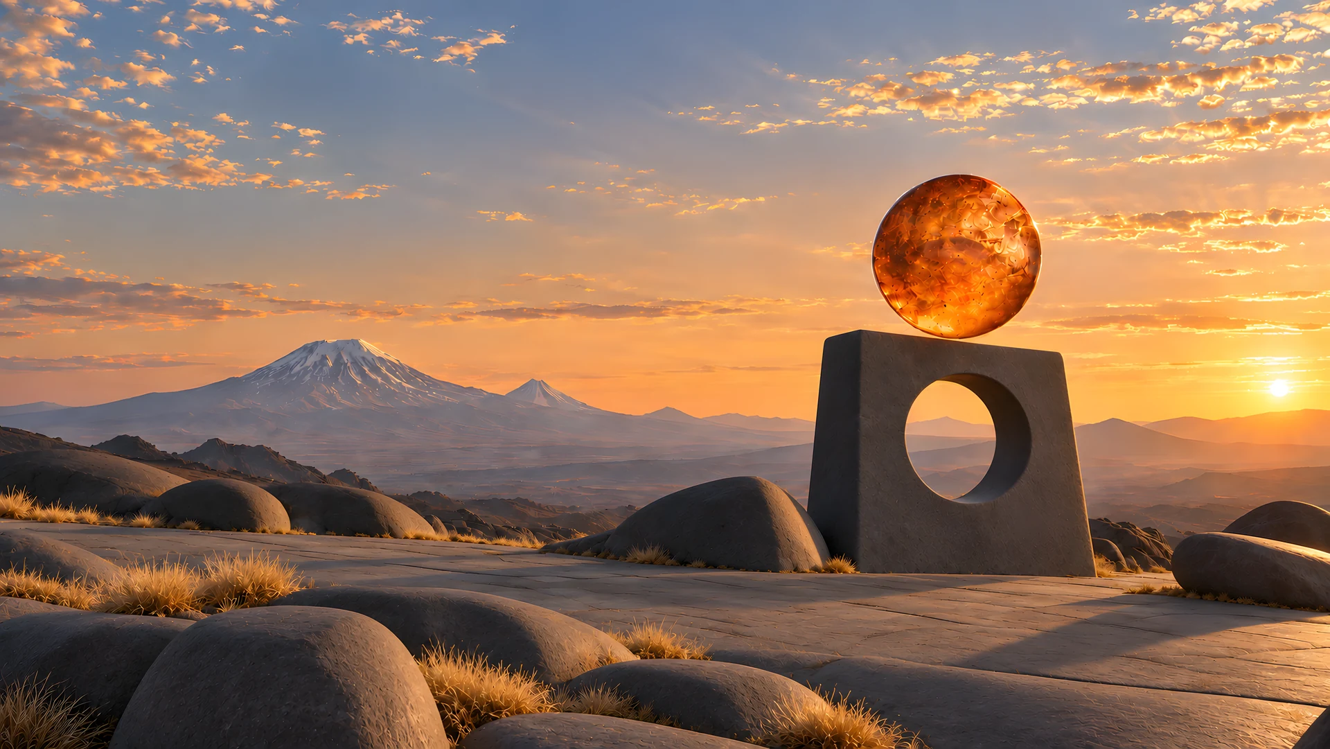 A glass sun above a basalt sculpture in the Armenian highlands